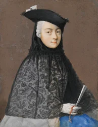 Portret van een Zittende Dame in Venetiaans Carnaval Kostuum met een Waaier